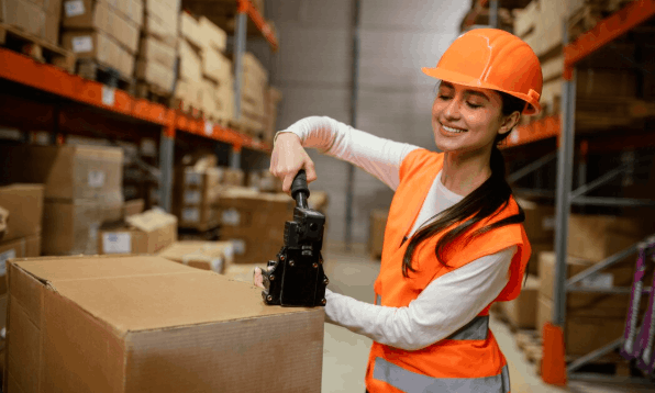 warehouse worker carefully checking items while packing order in USA warehouse job