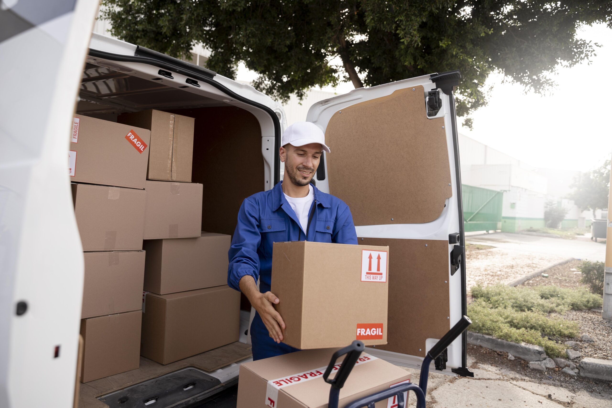 package handler unloading boxes in a warehouse van in the USA