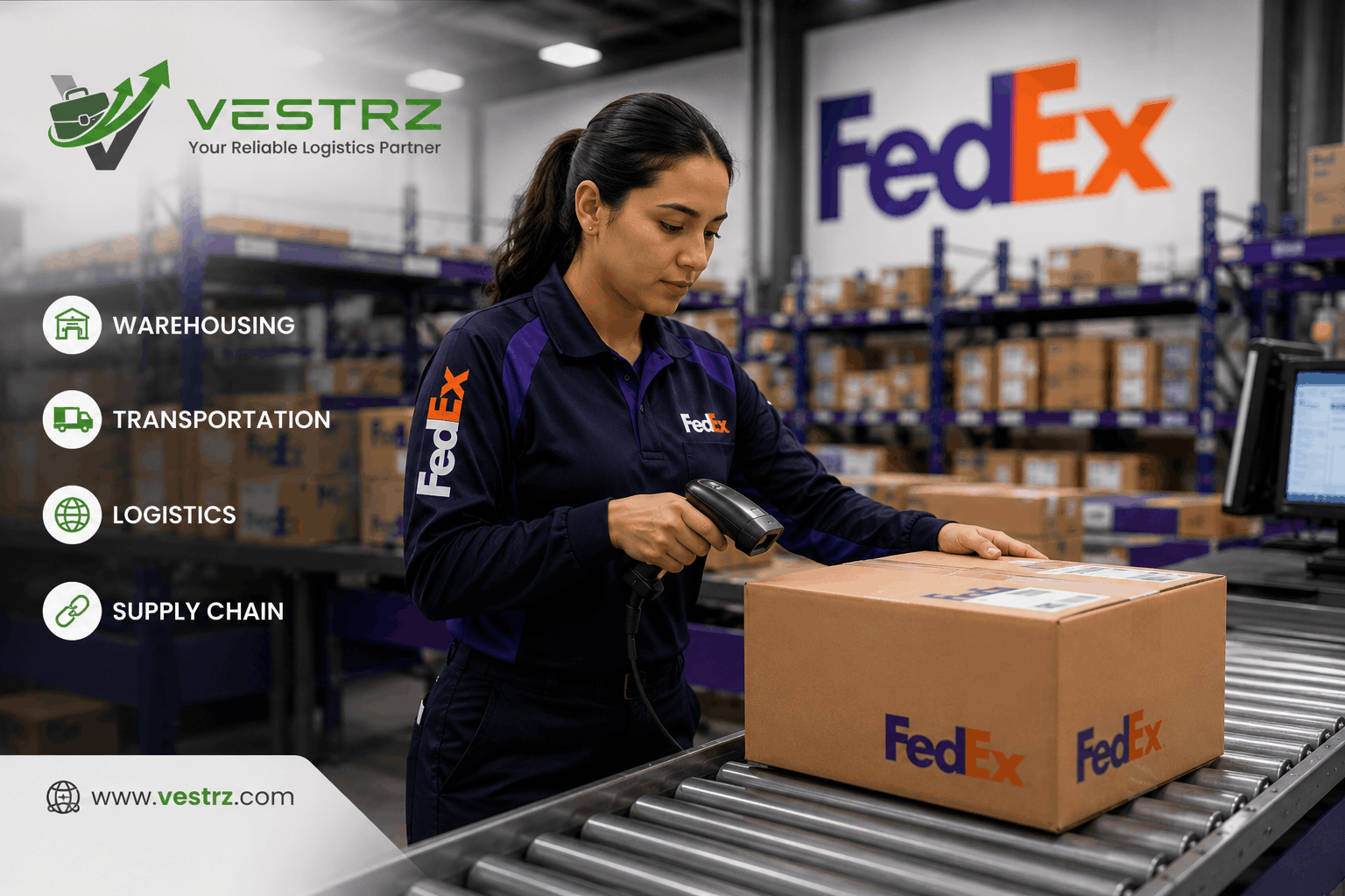 FedEx package handler scanning boxes inside a warehouse