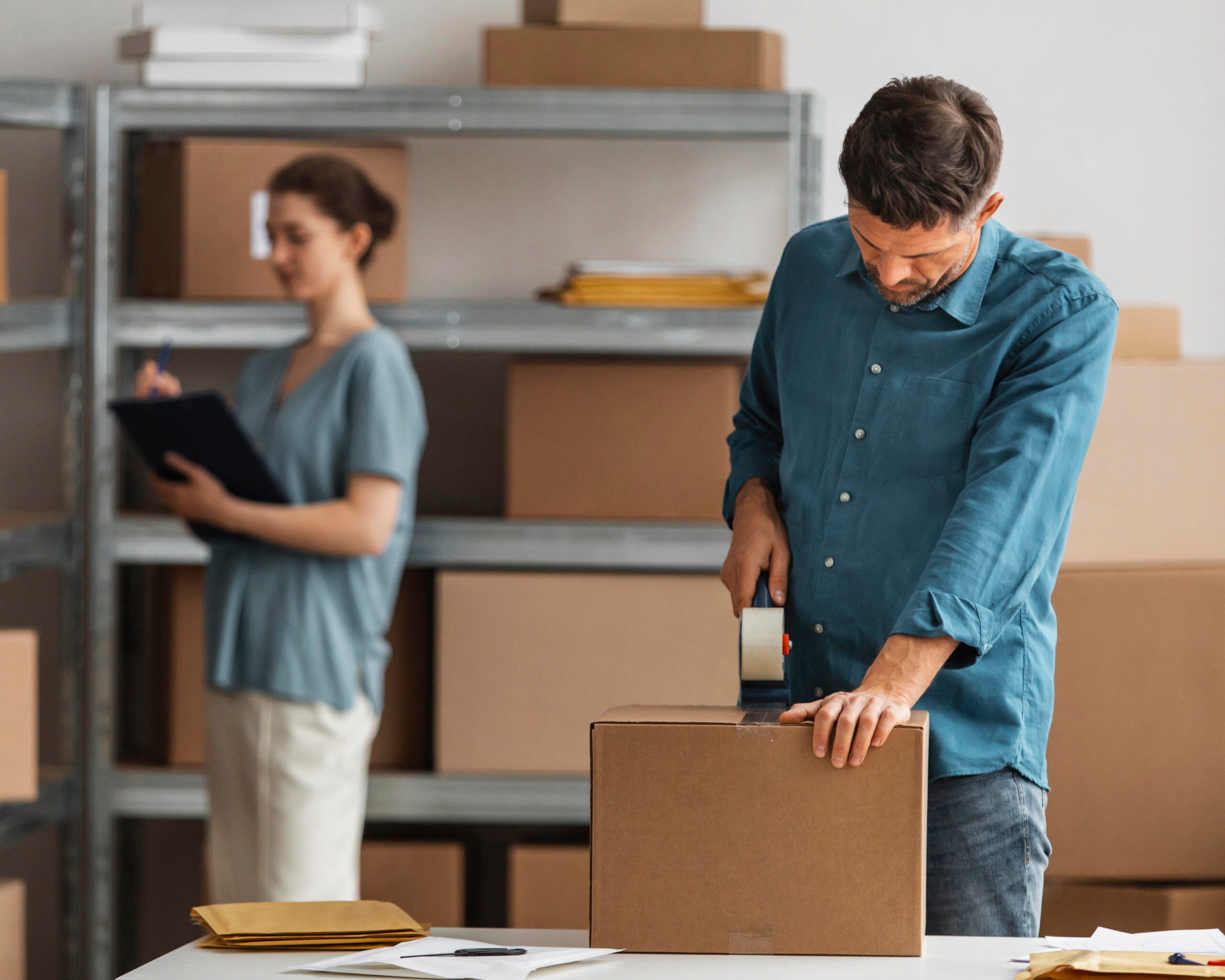 A boy is packing a box, and behinde him a girl is checking lists.