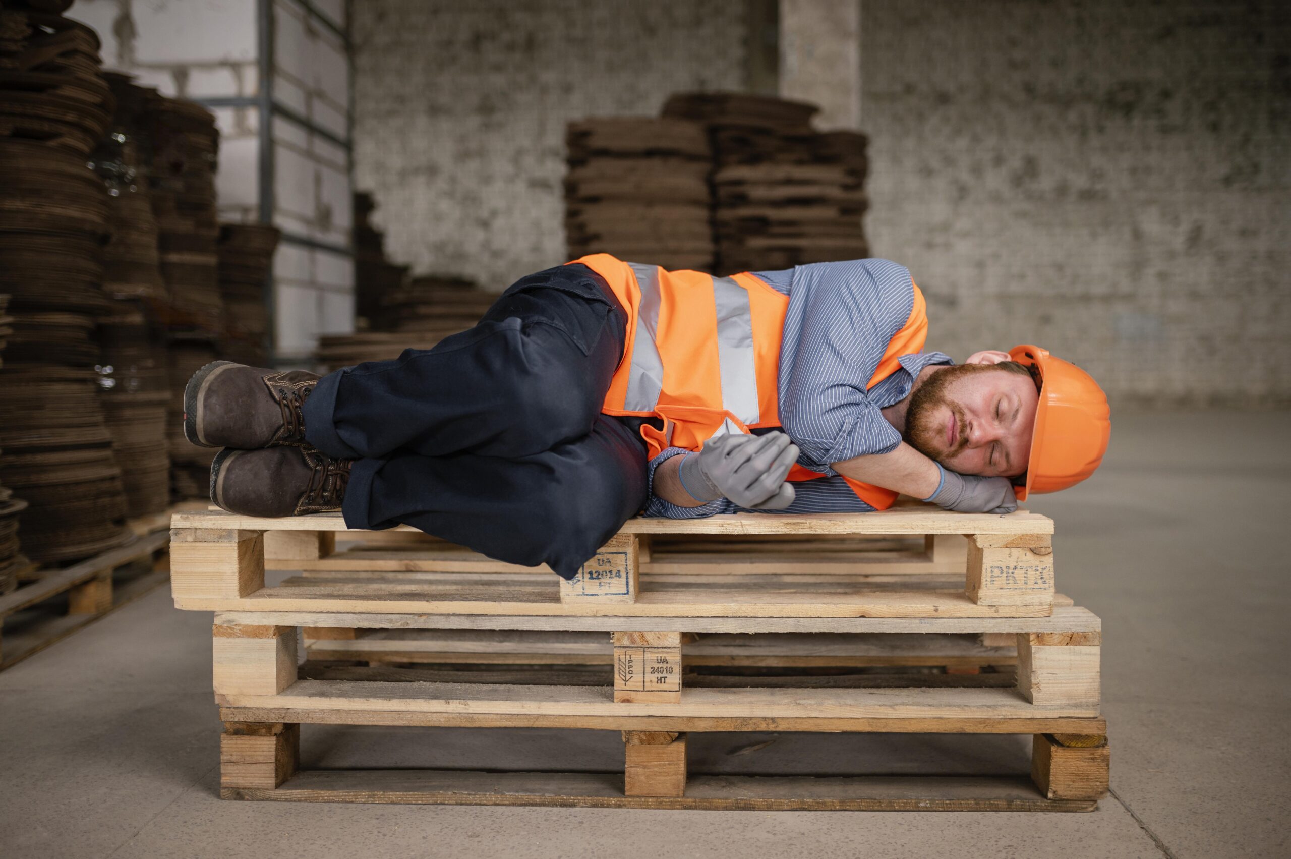 Tired warehouse worker resting after a long physical shift