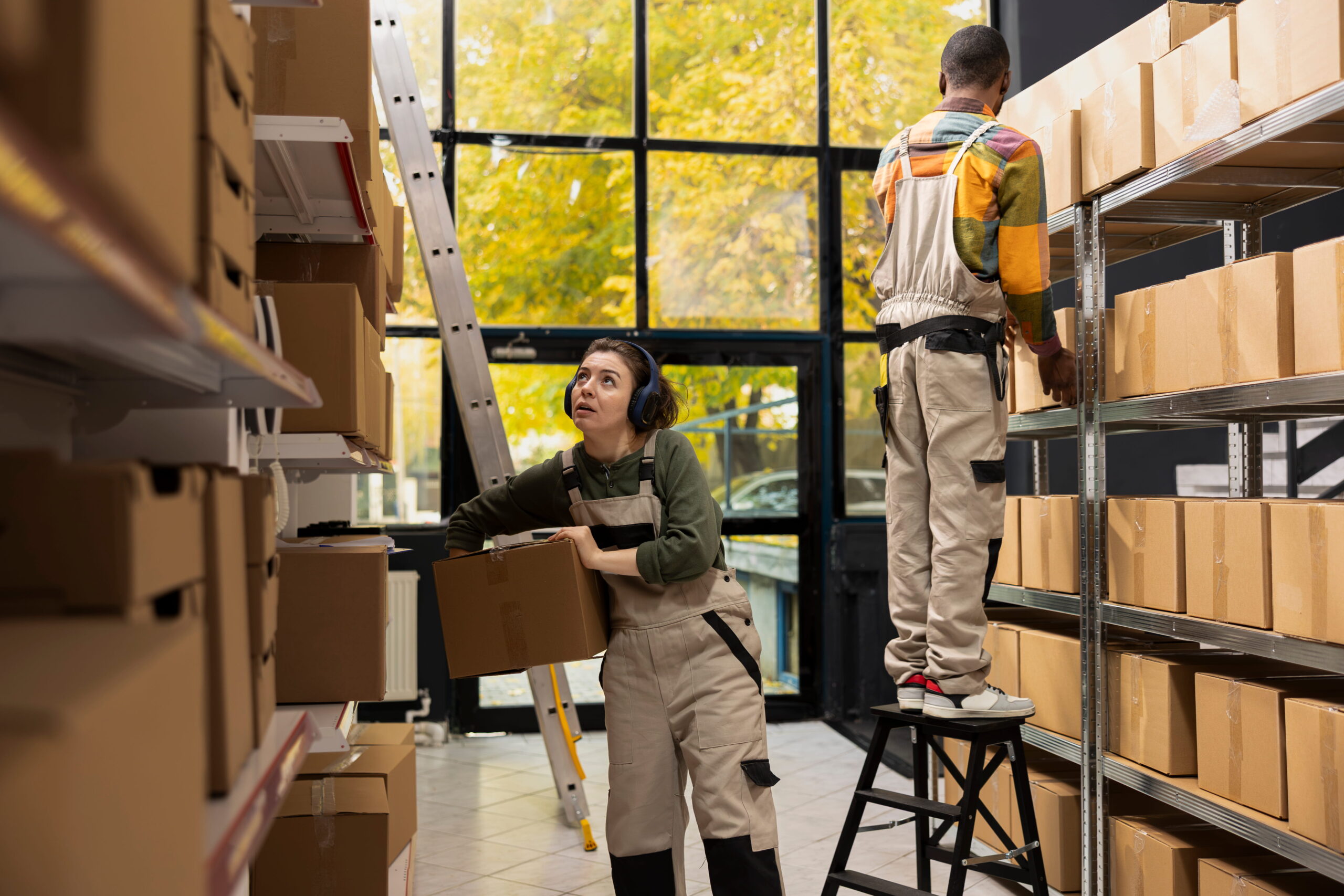 busy warehouse workers at Amazon fulfillment center USA
