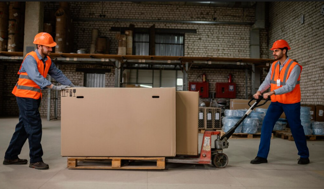 Warehouse employee lifting a heavy box up to 50 pounds during a shift at a parts warehouse in Texas