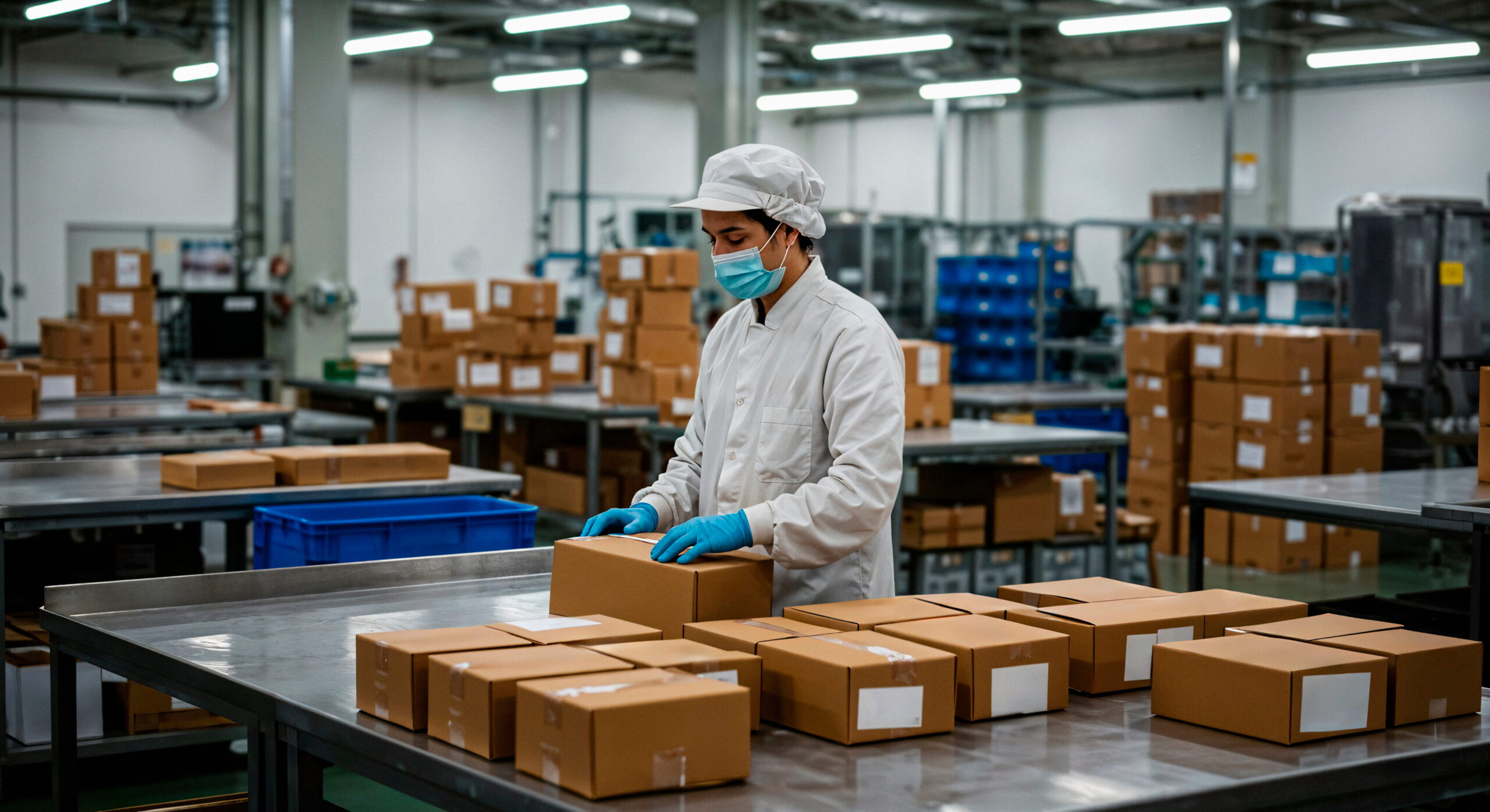 Warehouse worker sorting and loading packages on a conveyor belt in a logistics facility while working a package handler shift.