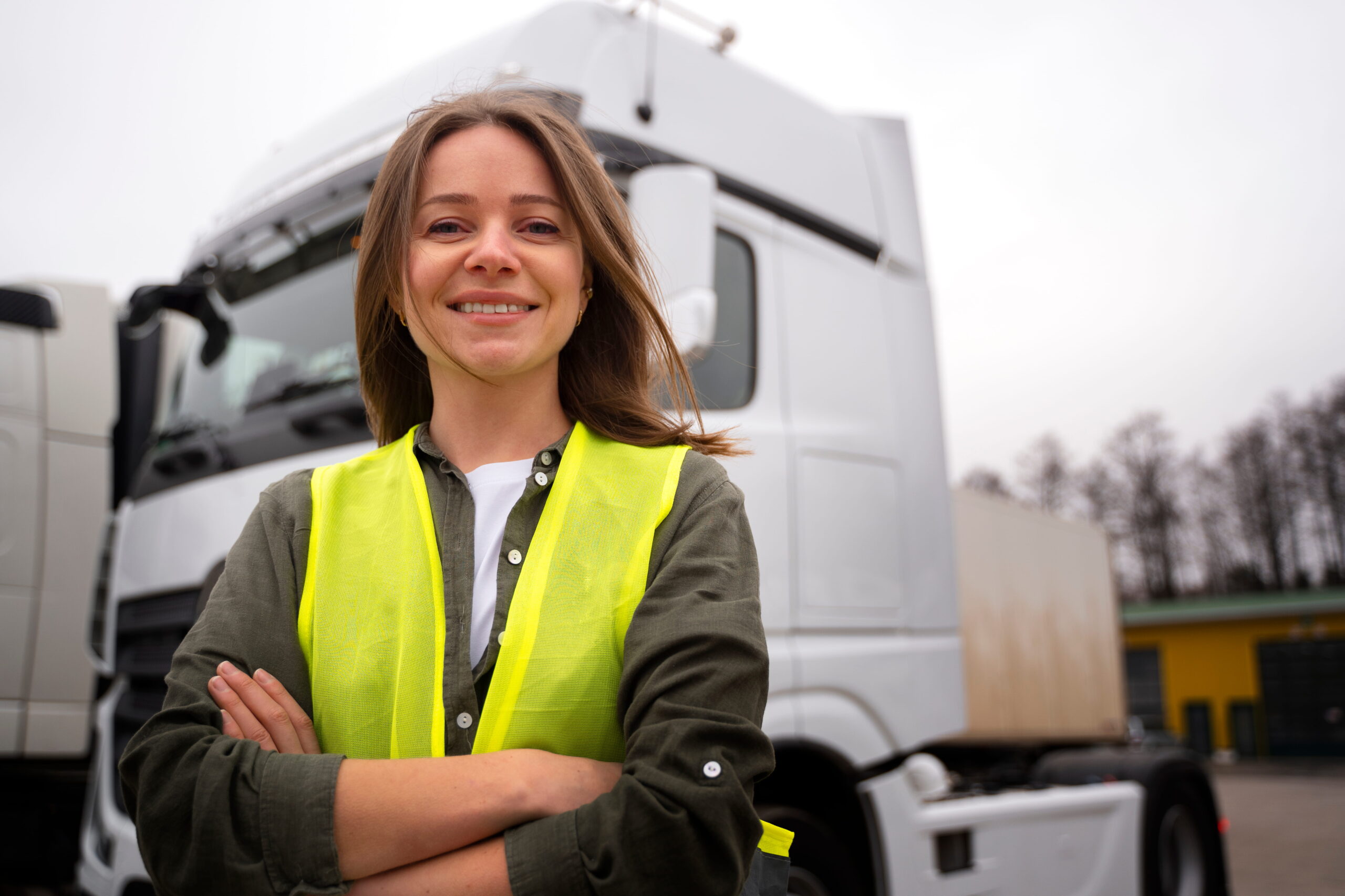Professional CDL truck driver standing beside a semi truck in the USA