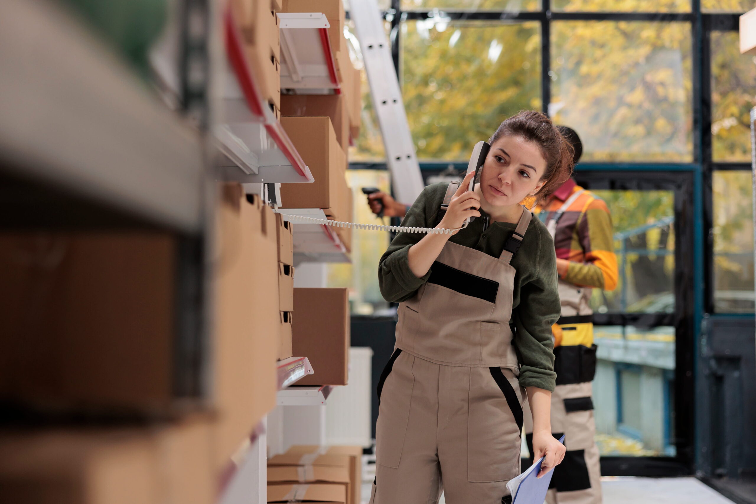 Worker scanning boxes inside a large USA warehouse fulfillment center