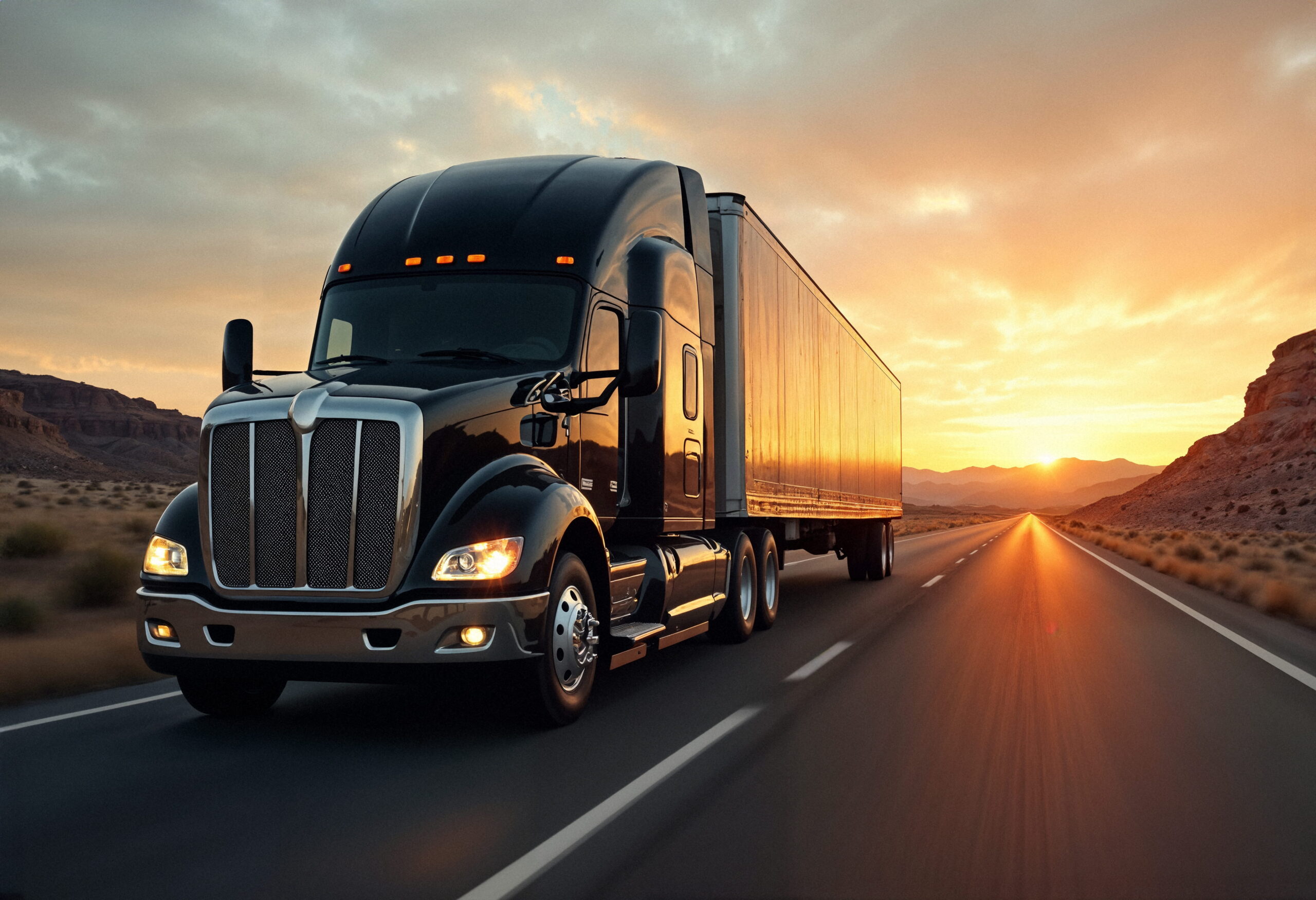 A commercial CDL semi truck driving on an American highway during early morning representing CDL truck driver jobs in the USA.